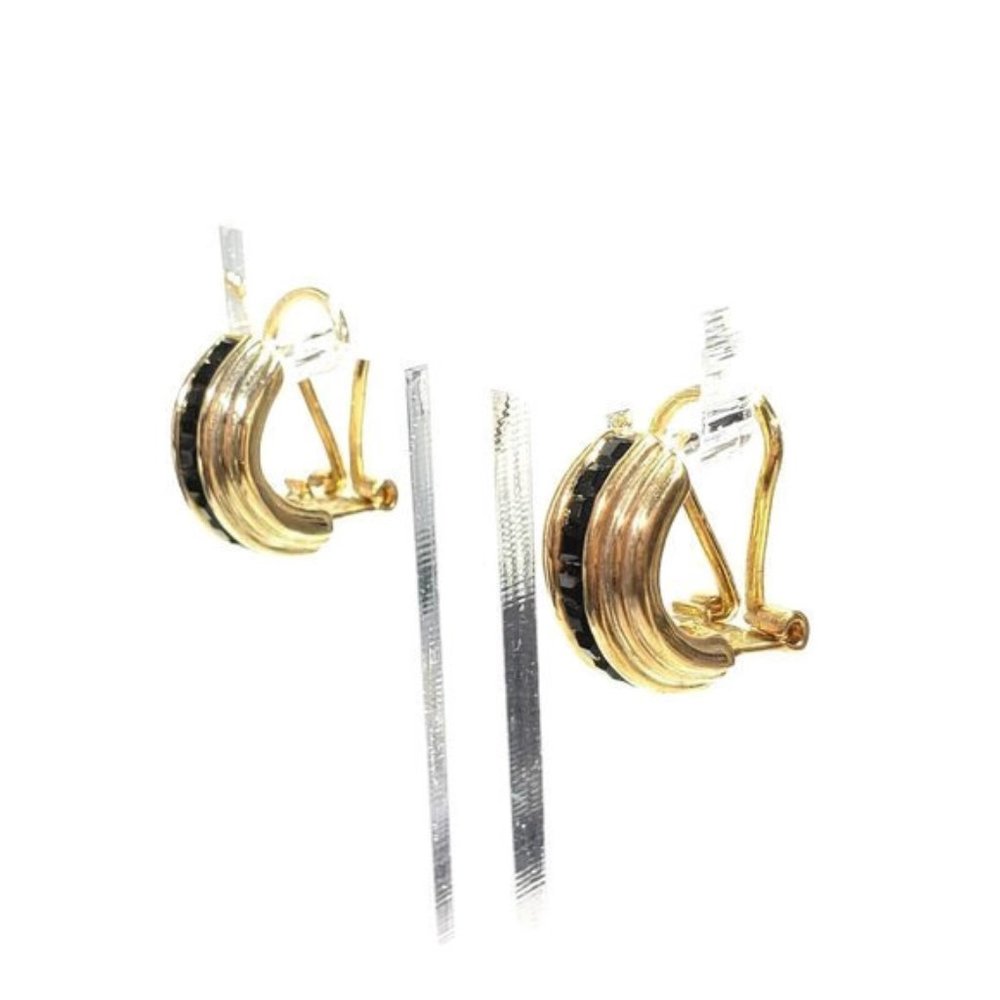 Gold Tone Jet Black Crystal Earrings French Backs - Picture 4 of 8